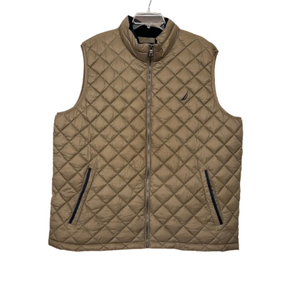 EUC Men's Nautica Diamond Quilted Zip Front Puffer Vest Khaki Tan Size XXL 2XL